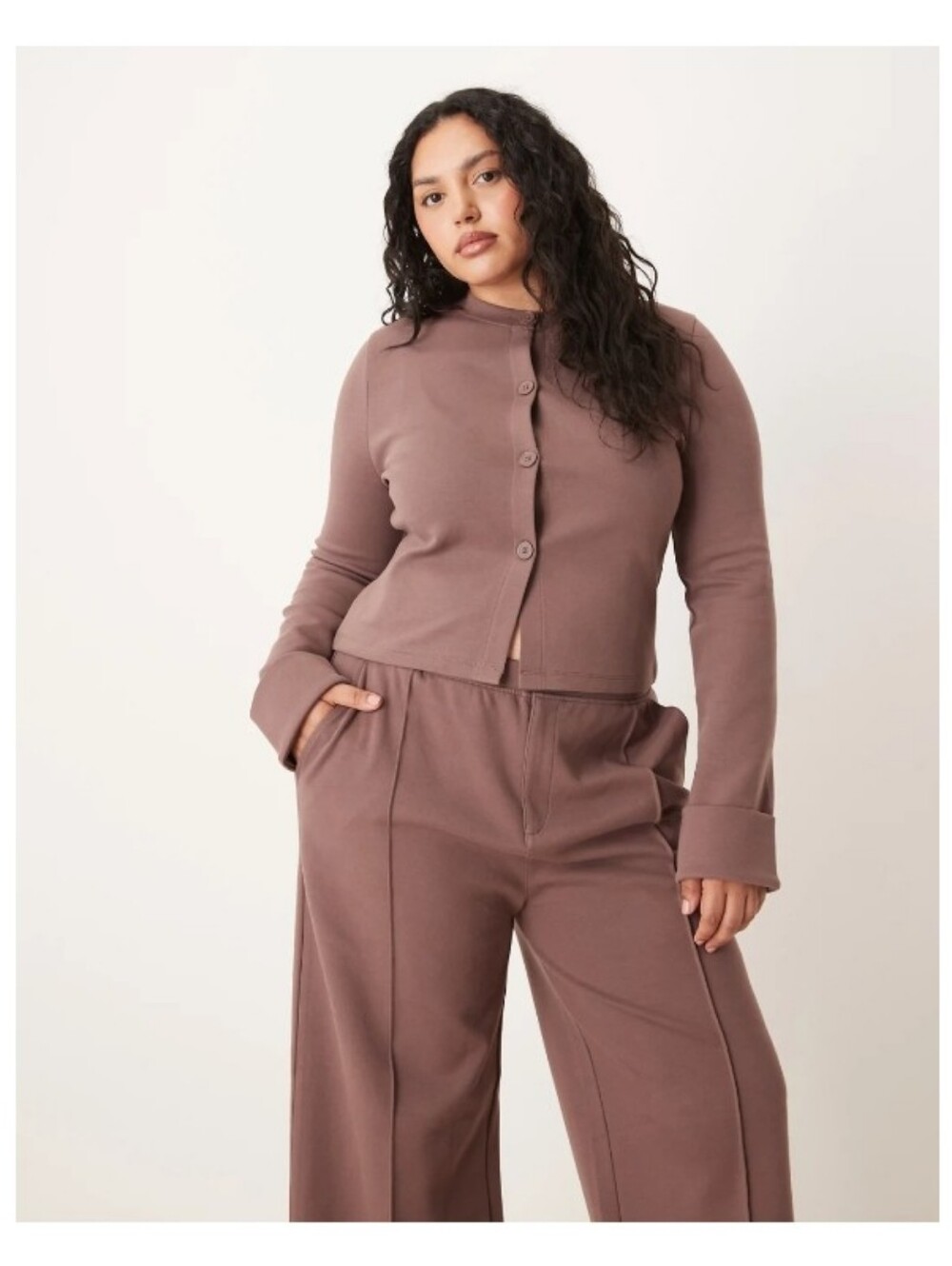 Curve Interlock Button-Up Crop Cardigan & Cuffed Hem Wide Leg Pants Set